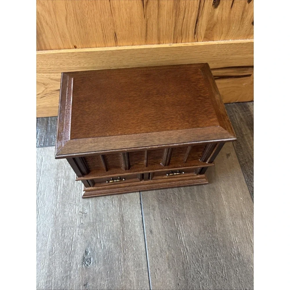 Vintage Mele Wood Jewelry Box Two Drawer Top Opens Orange Velvet Lining